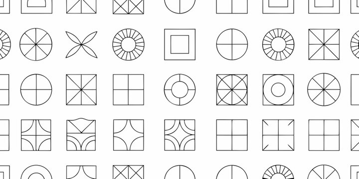 grid of minimalist geometric shapes on white background design layout simple forms abstract art black lines pattern symmetry circle square triangle ellipse rectangle