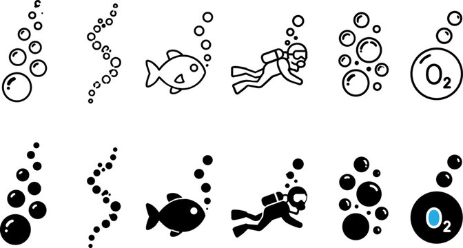 Icon On Underwater air bubbles icon set, scuba diving and marine life vector elements, oxygen and water fizz symbols for aquatic design ,Clean grouped each Icon