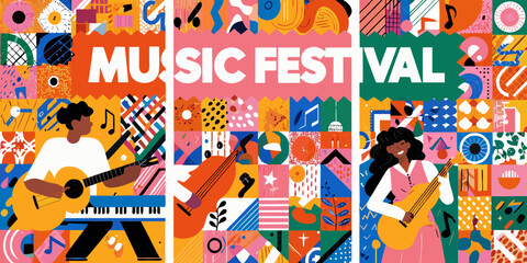 music festival posters colorful vector illustration musicians guitar piano cello instruments patterned background event concert artwork design graphic entertainment culture celebration vibrant festive © Apurba
