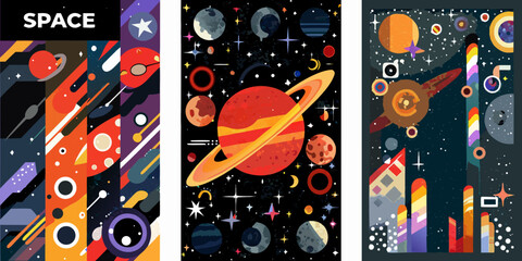 space scene with colorful planets and rockets vector illustration astronomy cosmos galaxy stars saturn spaceship futuristic retro artwork design graphic poster background science © Apurba