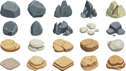 Rock and Stone Vector Collection Featuring Natural Boulder, Pebble, Cliff, and Cracked Geological Elements for Game Assets, Landscapes, and Design Projects © Rumi