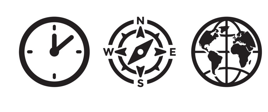 Three black featuring a simple wall clock, a navigational compass with cardinal directions, and a globe showing the continents of the map