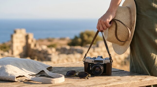 Woman holding straw hat and vintage camera on wooden table overlooking sea landscape
