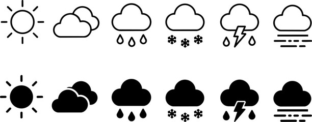 Obraz premium Isolated Minimalist weather icon set, black outline and solid silhouette weather symbols, 12 vector elements for mobile app interface and forecast widgets ,Clean grouped each Icon