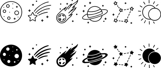 Isolated Minimalist space icon set, black line and solid astronomy vector elements, celestial symbols including moon planet comet constellation and solar eclipse ,Clean grouped each Icon © vectorzking