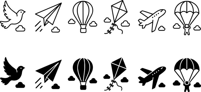 Isolated Minimalist flying objects icon set, black outline and solid silhouette aviation symbols, 12 vector elements for sky and travel designs ,Clean grouped each Icon