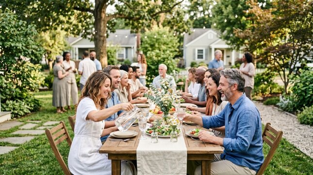 Happy multiethnic adult friends having a backyard dinner party outdoors in summer, enjoying food and conversation together at a long wooden table