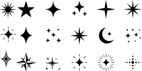 Isolated Sparkle star vector icons set, black sparkling stars and twinkle bursts, celestial magic elements for graphic design ,Clean grouped each Icon © vectorzking