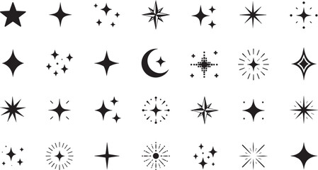 Isolated Minimalist star sparkle icon set, black celestial vector elements, magic twinkling stars and crescent moon graphics for branding and design ,Clean grouped each Icon © vectorzking