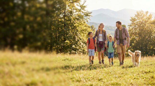 Family Hiking Trip with Children and Dog in Nature Park during Sunny Day