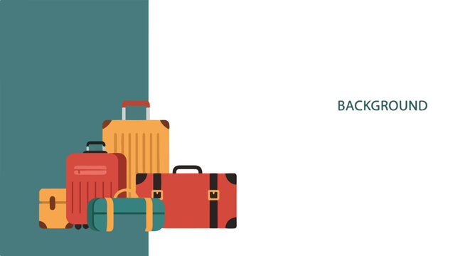 This flat vector illustration features a diverse collection of colorful suitcases and a duffel bag, set against a split teal and white background.