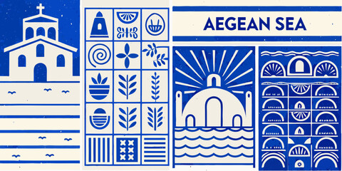 vintage block print style posters featuring greek motifs in blue and white church sun waves tiles pattern illustration vector design travel culture history © Apurba