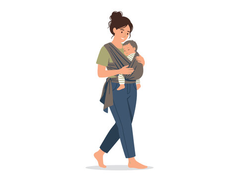 Mother Walking With Baby In Carrier Outdoors.