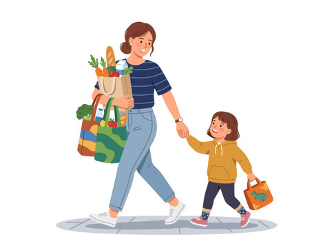 Mother And Child Walking With Grocery Bags Together.