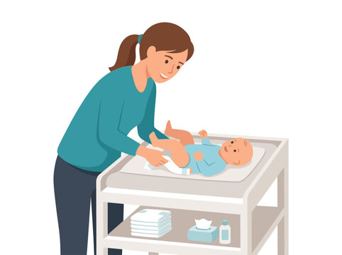 Woman Gently Placing Baby In Bassinet At Home.