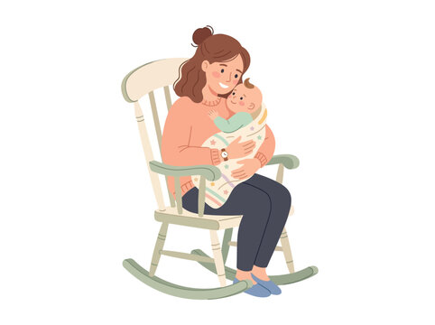 Woman Rocking Baby In Nursery Chair.