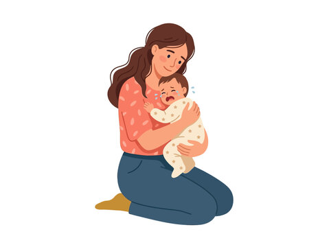 Mother Gently Holding Sleeping Newborn Baby Close.