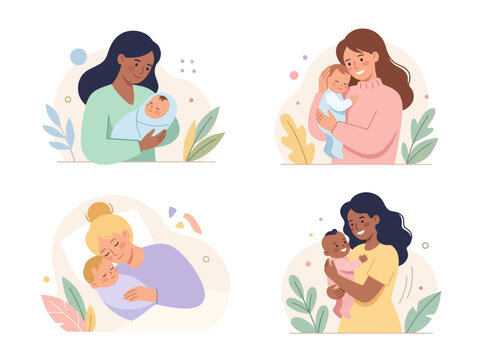 Mother And Baby Bonding Moments Illustration Set.