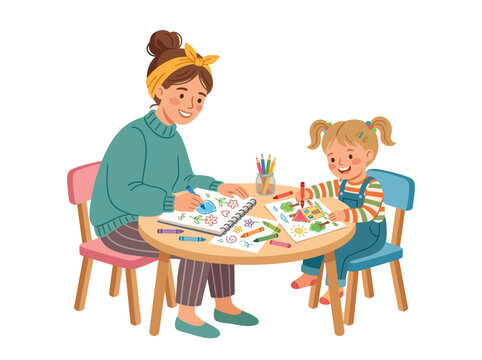 Children Drawing Together At Small Table.