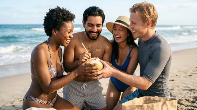Diverse group of young adult friends drinking fresh coconut water together while having fun on a sunny tropical beach