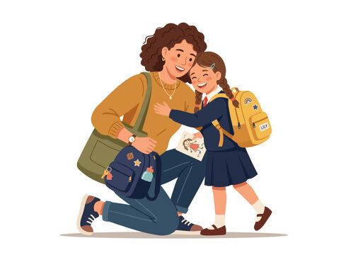 Mother And Daughter Walking Together Happily Outdoors.