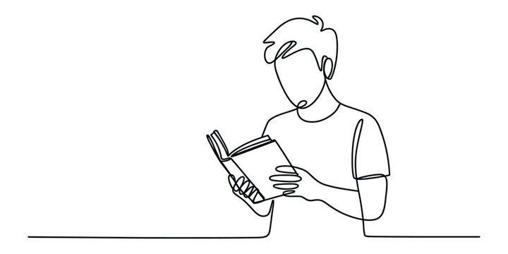 Young man reading a book continuous line drawing