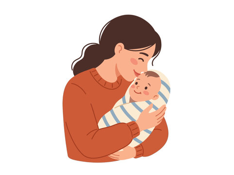Mother Tenderly Holding Sleeping Newborn Baby Close.