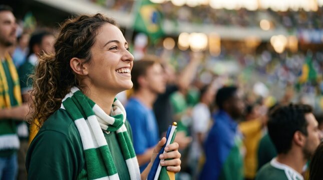 Excited young Caucasian female soccer fan cheering in stadium stands during match