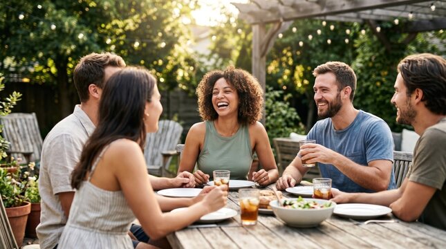 Multiracial young adults enjoying dinner party outdoors, laughing and talking together at a backyard patio table during summer sunset