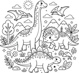 Black and white coloring page featuring various dinosaurs in a prehistoric landscape with mountains and trees for coloring book page © DesignVibesByFB