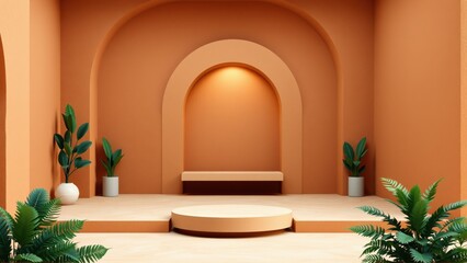 Fototapeta premium Minimalist interior. Orange walls, arched alcove, round pedestal. Plants add natural touch. Dramatic lighting creates focus.