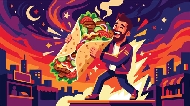 Happy bearded man carrying giant kebab wrap vector art. Late night street food craving illustration. Male character holds huge shawarma in colorful city skyline.