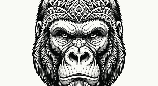 Black and White Gorilla Head Tattoo Style Illustration with Geometric Tribal Forehead Patterns, Majestic Silverback Portrait with Intense Eyes and Bold Symmetrical Outlines on White.