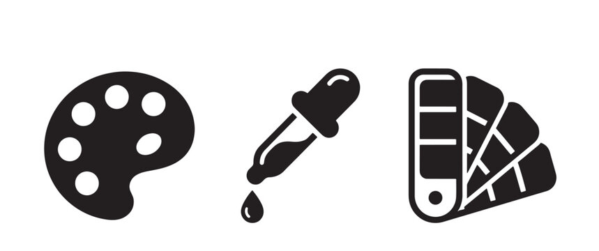 A set of three black featuring a paint palette, a dropper tool, and a color swatch fan isolated on a white background for