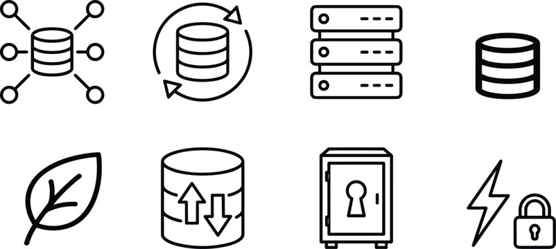 Cloud Database Hosting and Data Center Network Icon Set with File Recovery, Safe Box Security, Energy Optimization, and Information Transfer Symbols for Tech Platforms