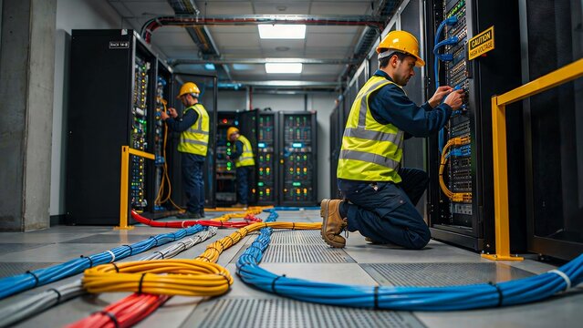 Technicians installing network cables inside modern data center server room