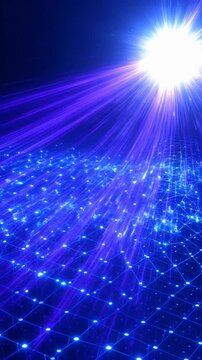 Abstract blue digital network grid with glowing light rays representing data connection, internet infrastructure, cyber security, connectivity, futuristic technology
