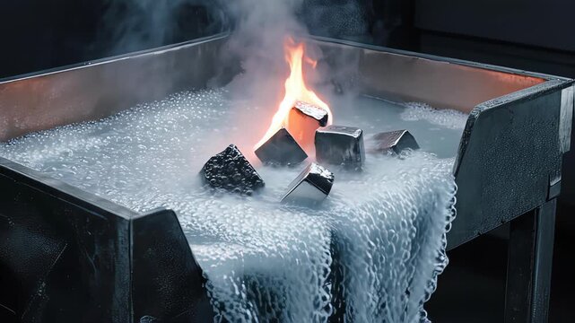 glowing flame over ice filled metal trough close up.