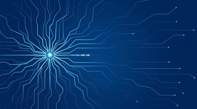 Abstract blue electronic circuit board with radiant energy flow, high tech data network, cyber security connectivity, future digital infrastructure