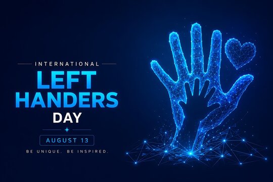 Digital illustration of a large and small hand with a heart representing international left-handers day celebration awareness technology abstract. international left-handers day
