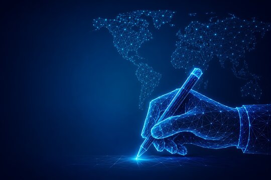 Human hand writing with a digital pen against a global network map background. international left-handers day connection particles technology. international left-handers day
