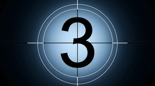 A bold black number three centered on a blue circular countdown timer with white crosshair lines and concentric circles against a dark gradient background, digit, clock, target, symbol, graphic