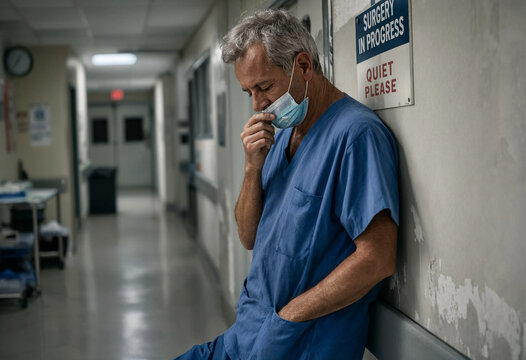 Doctor rests against hospital wall, mask pulled down