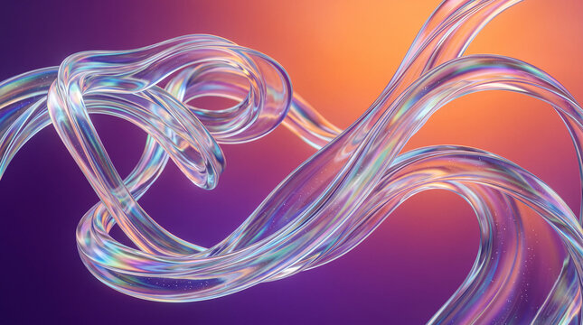 Twisted translucent crystalline tubes on vibrant purple and orange gradient background.