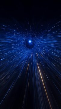 Abstract blue light tunnel with glowing particles, fast motion warp speed effect, cosmic galaxy travel and futuristic technology background
