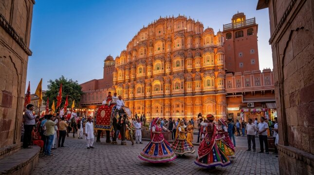 Illuminated historic fortress during evening cultural dance festival in India
