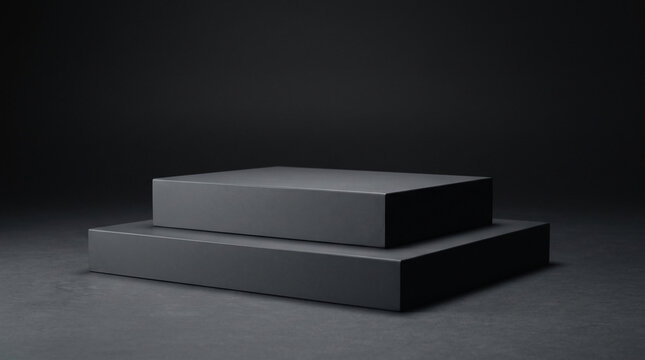 Two tiered black geometric podiums in minimalist studio setting.