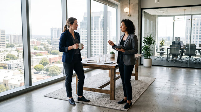 Two professional women talking near windows in spacious modern office.