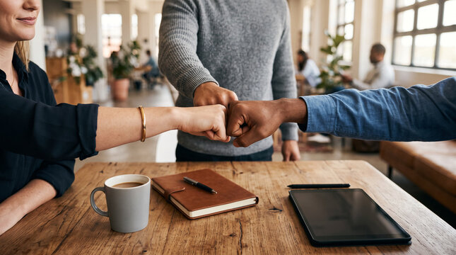 Three business colleagues fist bumping over a wooden table in modern office.