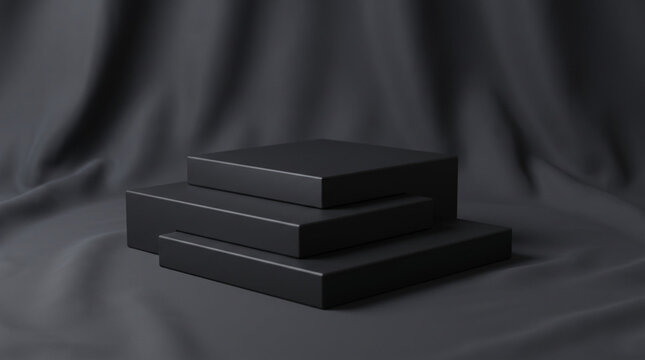Three black pedestals on draped dark gray background.